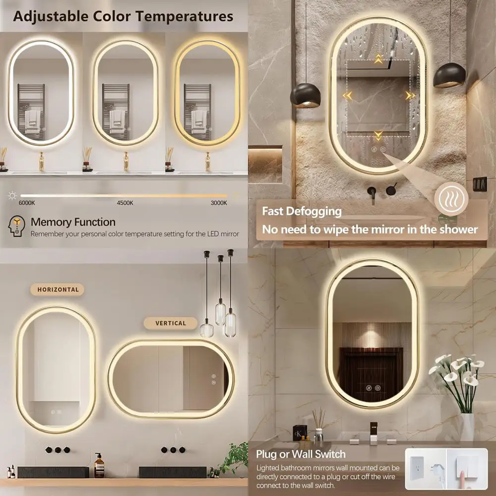 

Овальное LED-зеркало для ванной 32x20 дюймов с передней и задней подсветкой, защитой от запотевания, ударопрочное, в золотой раме (горизонтальное/вертикальное)