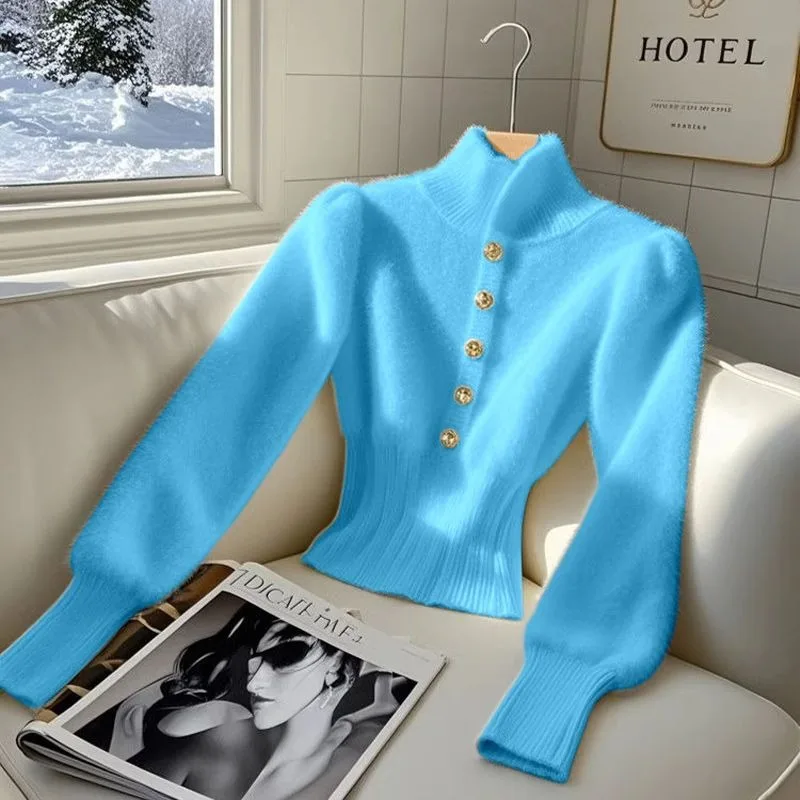 

Новая мода, мягкий норковый вязаный свитер, женский осенне-зимний элитный элегантный водолазка с тонкой талией и длинными рукавами, короткий топ, трикотаж