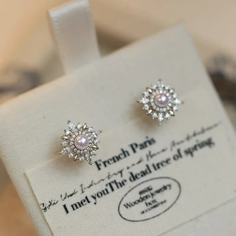 Elegant Pearl Bling Diamonds Little Stars Stud Earrings Woman Girl White Gold Filled Sterling Silver Vintage French Jewelry Gift 6