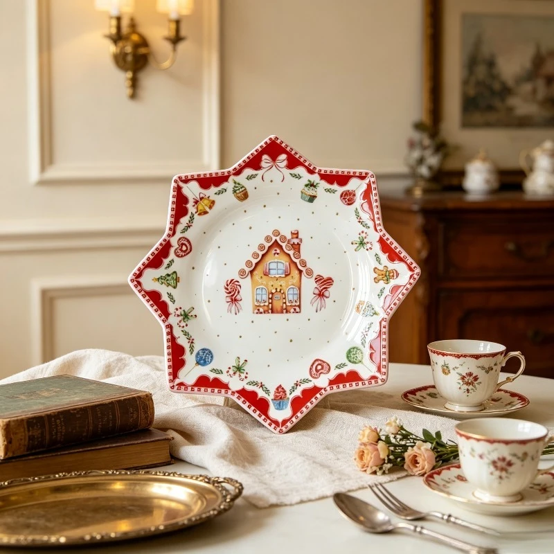 Elandil Holiday Decorations Dessert Plate Christmas Gingerbread House Ceramic Pizza Plate Household Dessert Cake Plate