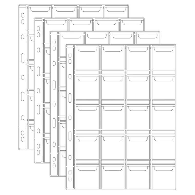 Coin Collection Pages 4 Sheets 20 Pocket Clear PVC Insert Sleeves, 9 Hole Binder Protectors With Binder Inserts
