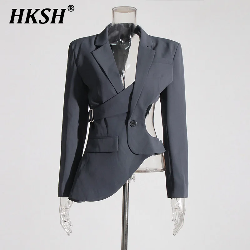 HKSH Asymmetric Small Blazer Women Spring Summer New Niche Design Hollowed Out Waist Revealing Slimming Punk Chic Jacket HK3787