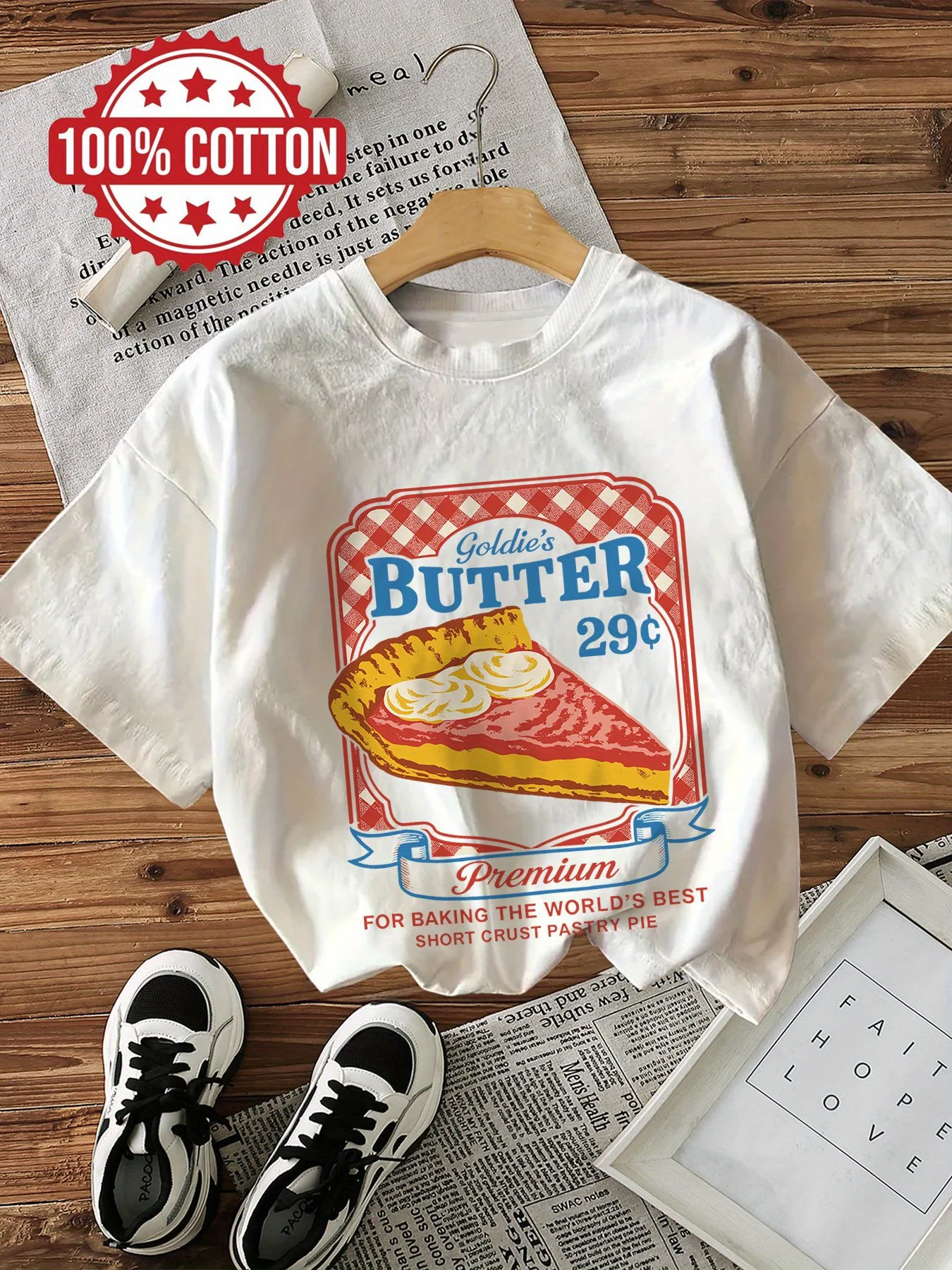 Retro-Stil Goldie'S BUTTER 29￠ Premium T-Shirt mit Schriftzug, Kurzarm, Grafik-Oberteil, Baumwolle, Damen-T-Shirt, Damenbekleidung – Detail 2