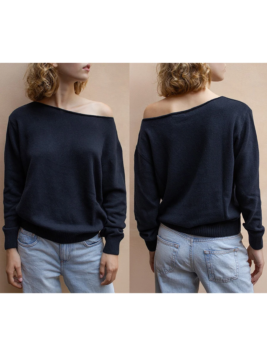 Women s Solid Color Knitted Sweaters Slash Neck Off Shoulder Ribbed Long Sleeve Fall Pullovers