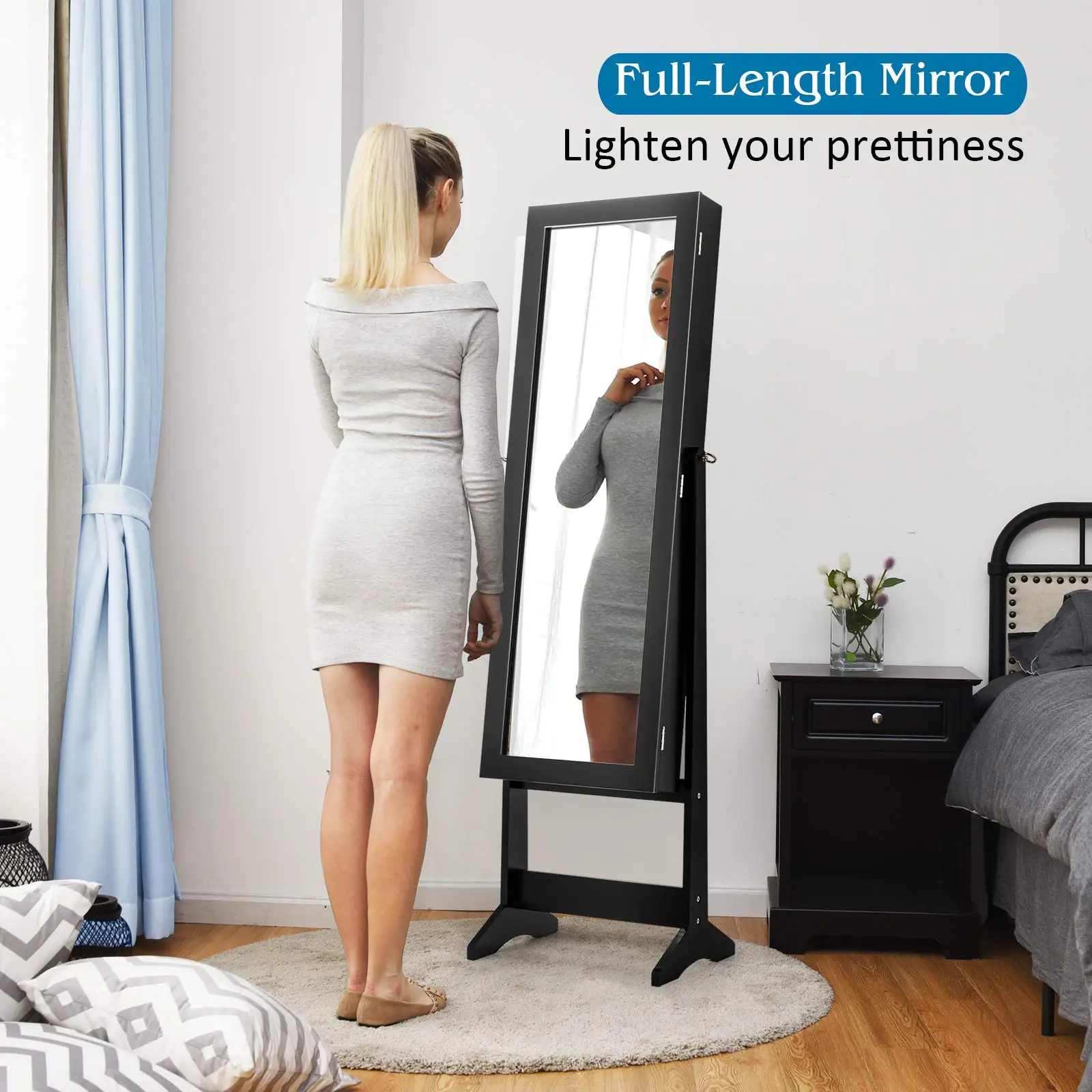 Jewelry Cabinet with Full-Length Mirror, Standing Jewelry Armoire Organizer with 64 Earring Slots, 72 Ring Slots, 20