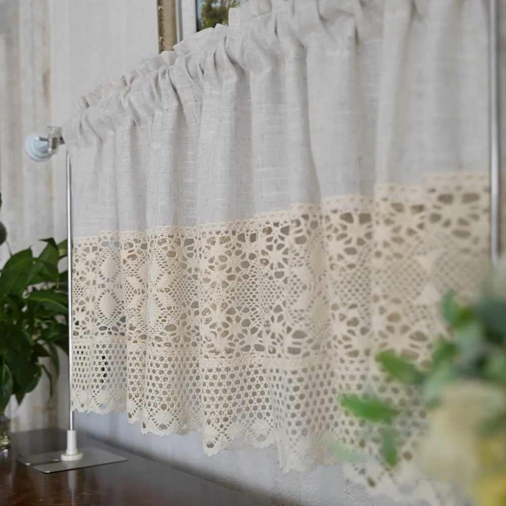 Handmade Cotton Linen Kitchen Short Curtains Crochet Lace Hollow Tassel Beige Valance Cafe Kitchen Door Window Drapes