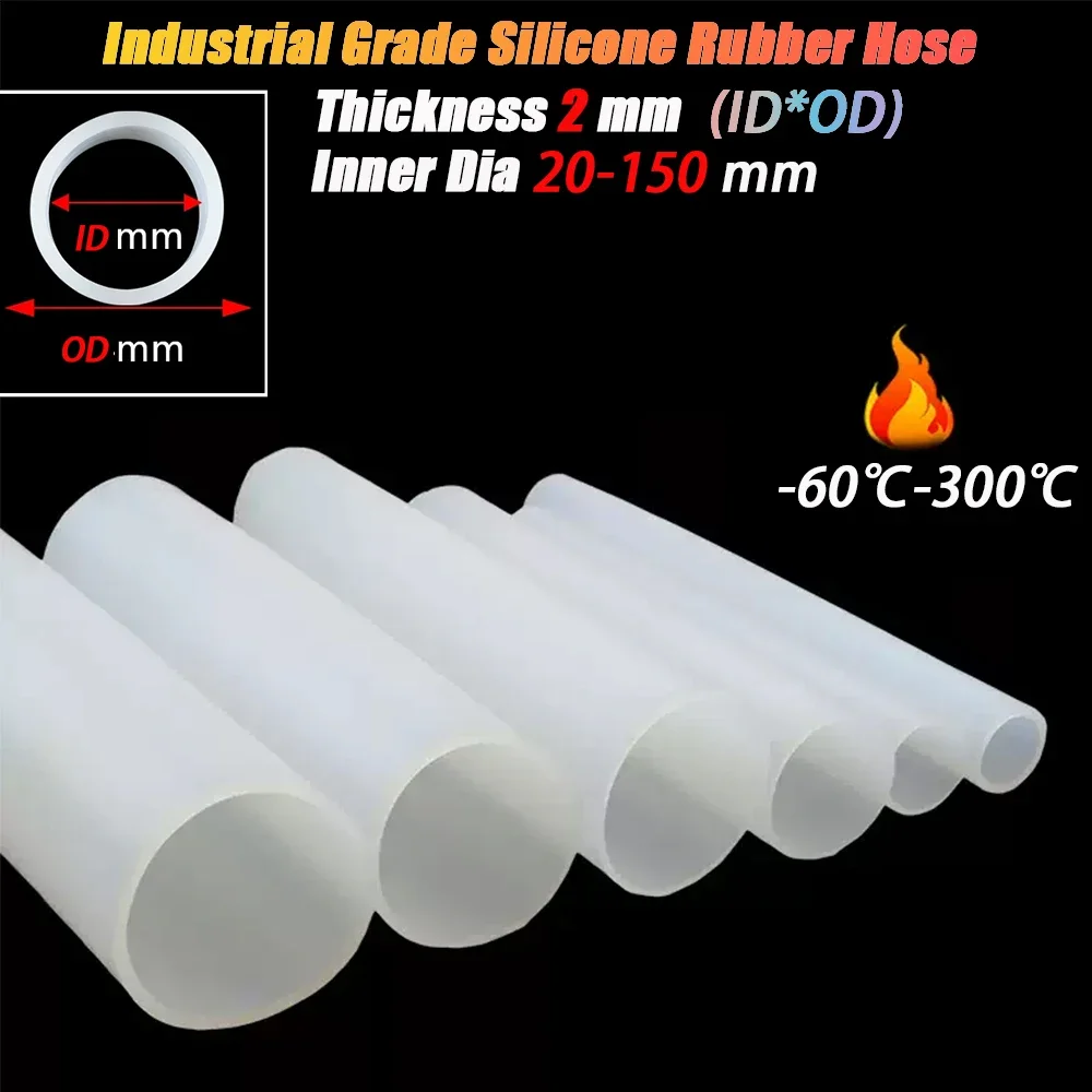 1M Thickness 2mm White Industrial Grade Silicone Rubber Hose Oversize Pipe Large Tube Inner Dia 20-150mm Resistant High Temp