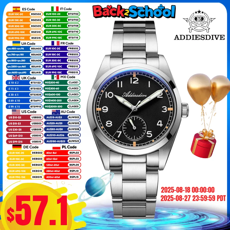 

ADDIESDIVE 36mm Men's Watch AD2099 BGW9 Super Luminous 10Bar Waterproof Bubble Mirror Glass VH60 Quartz Watch Reloj Hombre