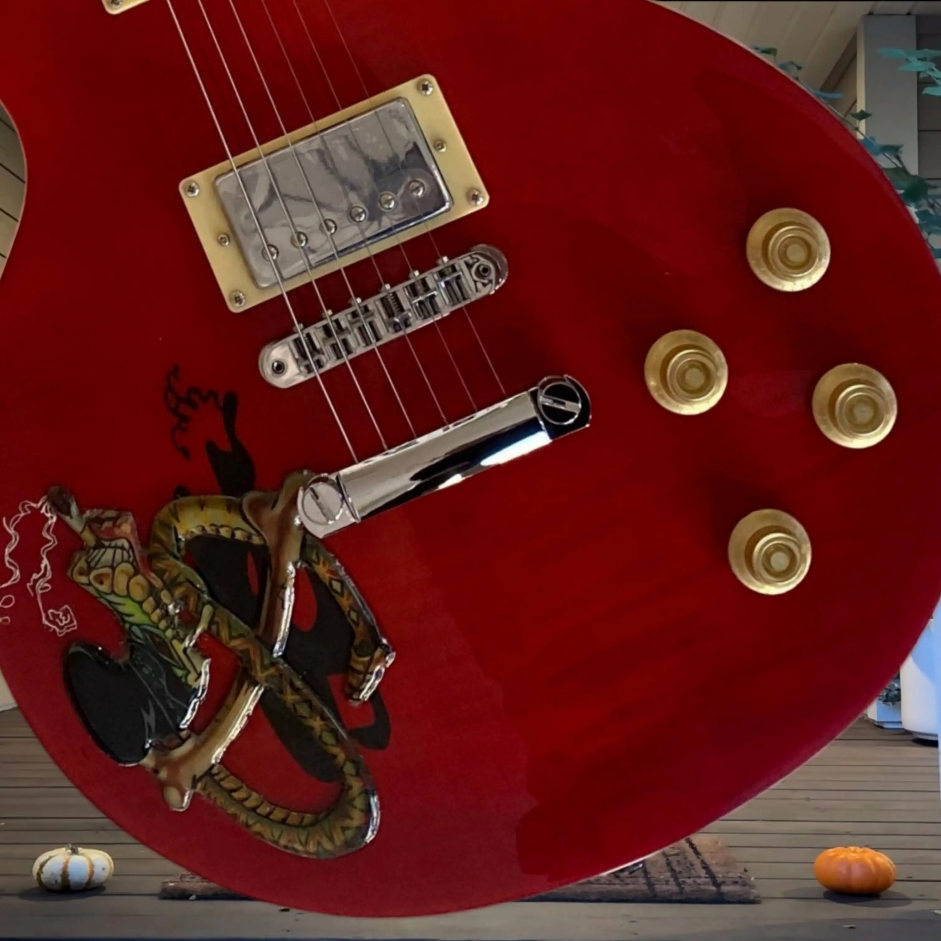 Cherry Red LPLJ Electric Guitar Dual Humbucker Fixed Bridge Gold Hardware Dragon Graphic Mosaic Inlays Classic Rock Collector