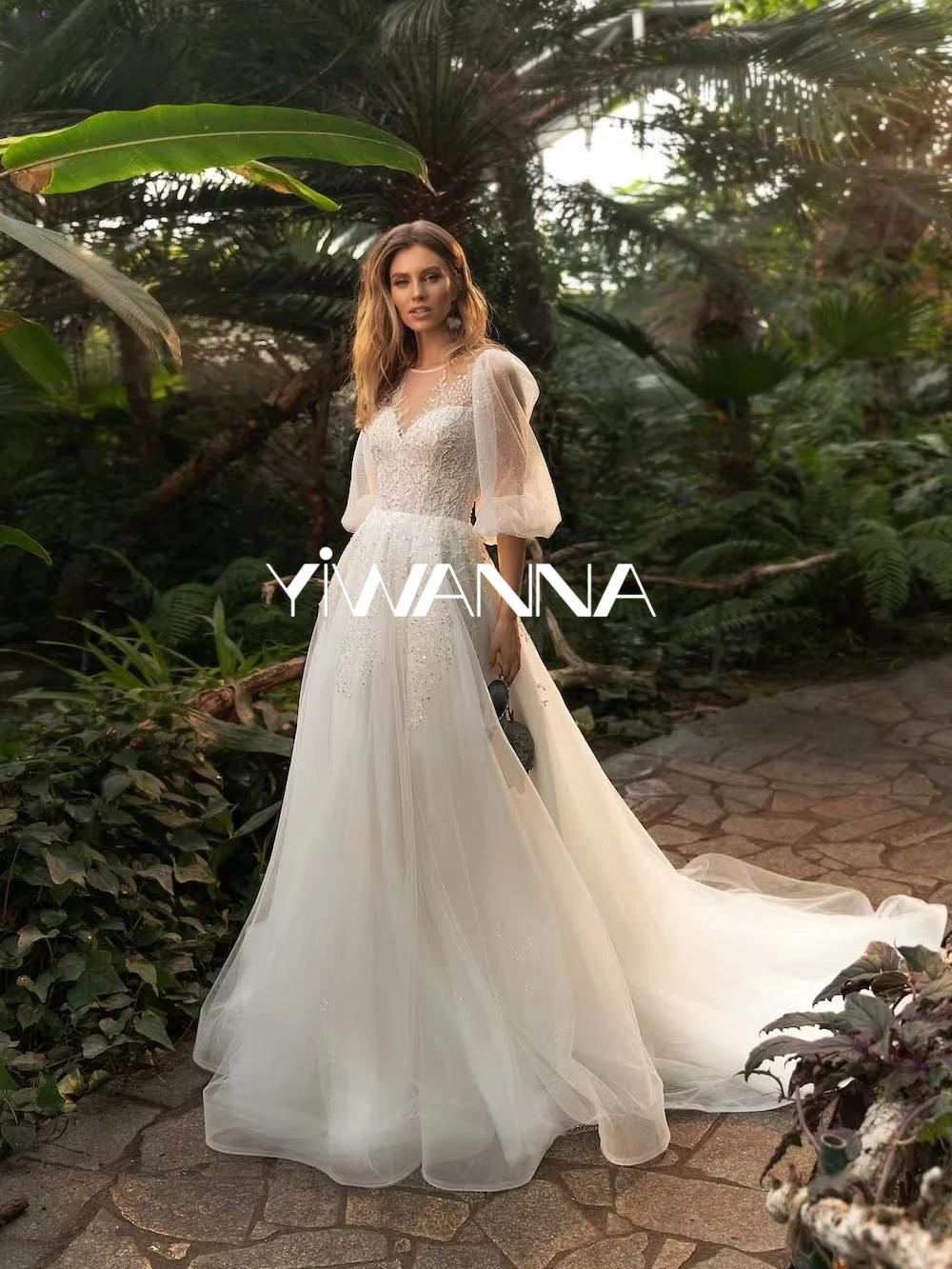 

Classic O-neck Half Sleeve Bride Robe Shiny Sequins Beads Wedding Dress Graceful A-line Long Bridal Gown Robe De Mariée