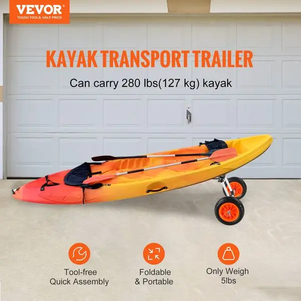 VEVOR Heavy Duty Kayak Cart, 280lbs Load Capacity, Detachable Canoe Trolley Cart with 10'' Solid Tires, Adjustable Width & T