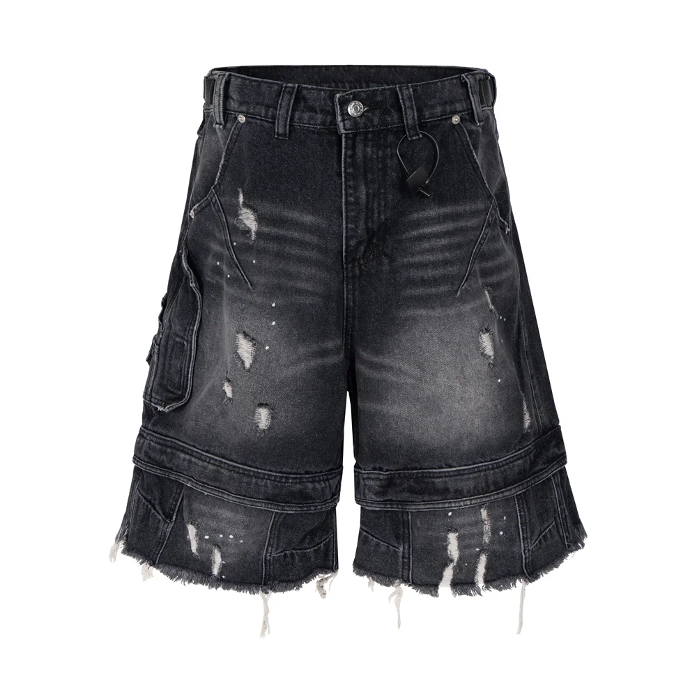 파리 스타일 하이 스트리트 아메리칸 워시드 홀 라지 사이즈 블랙 세븐풋 데님 반바지 오버니 남성 워크웨어 반바지