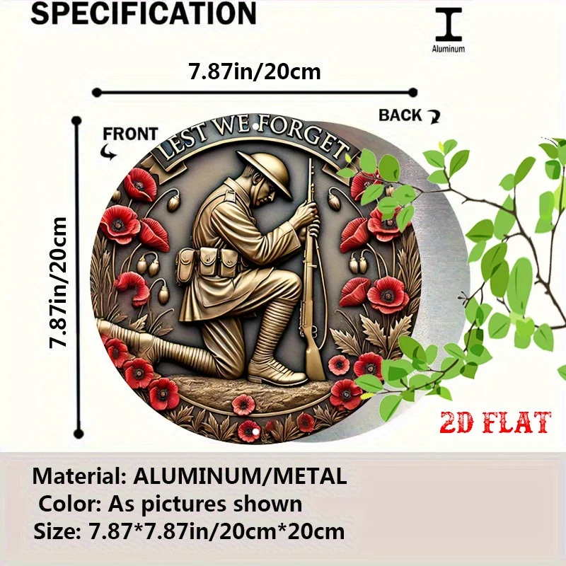 2D Flat 1pc Poppies Round Aluminum Sign, Soldier Metal Tin Sign, Remembrance 7.8X7.8Round Aluminum Sign