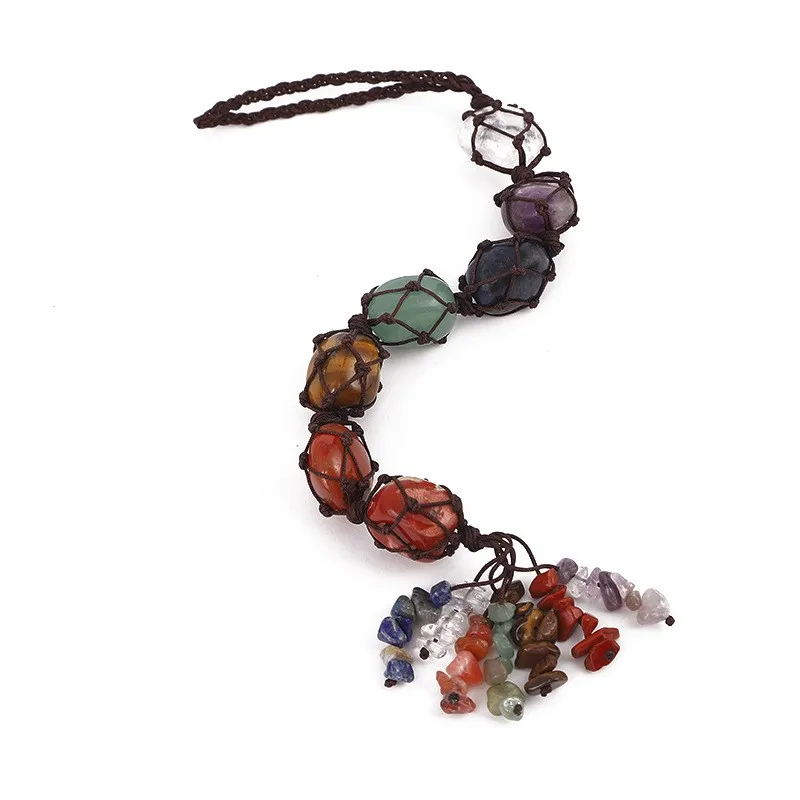 

house Crystal stone car pendant car 7 Chakra Tumbled Gemstone Tassel Hanging Ornament Stones Car DecorSeven-color chakra Natural