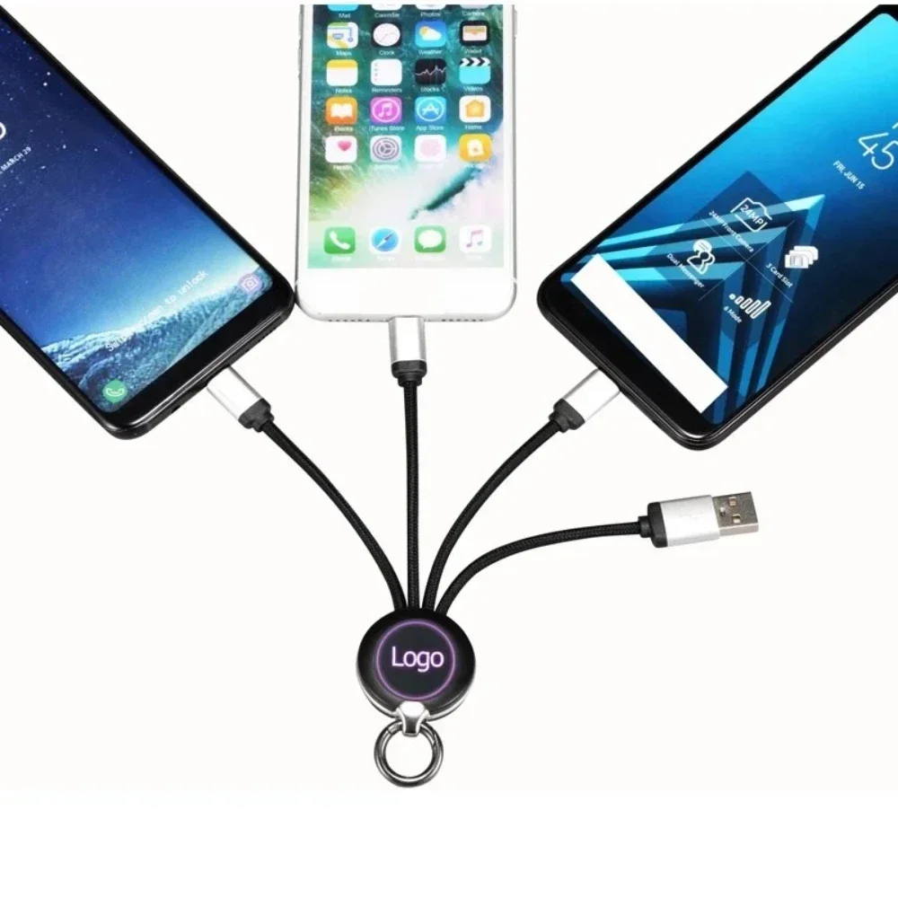 3 in 1 Short LED Keychain USB Charge Cable Micro USB Type C Lighting Cable For iPhone Samsung Huawei Xiaomi Android Phone Cable