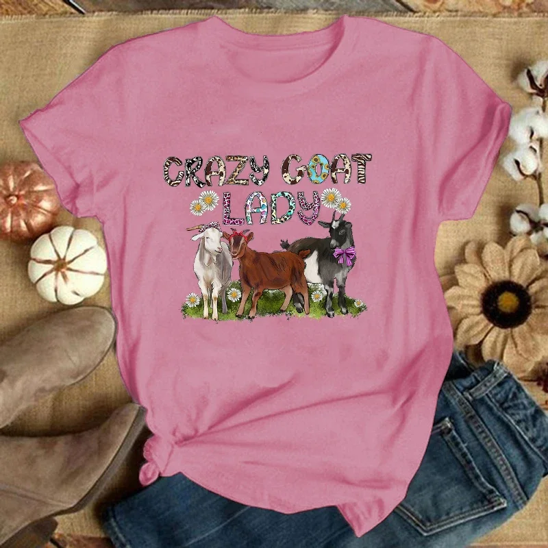 Hot Crazy Goat Lady Printed T-Shirts For Women Summer Short Sleeve Tee Shirts Round Neck Casual Summer Unisex Tops