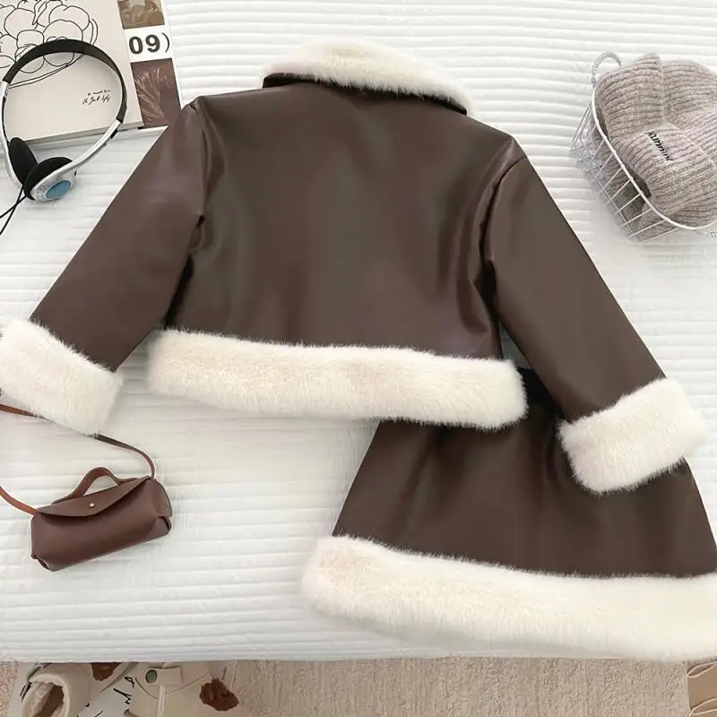 Girl Winter Leather Jacket Skirt Two-Piece Set Thicken Tops Cowboy Coat Child Student Kawaii Fashion New Style Casual Clothing