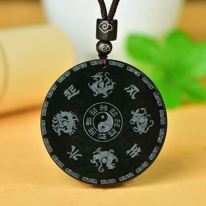 Hetian Green Jade Auspicious And Bagua Pendant Double-Sided Amulet Ornament