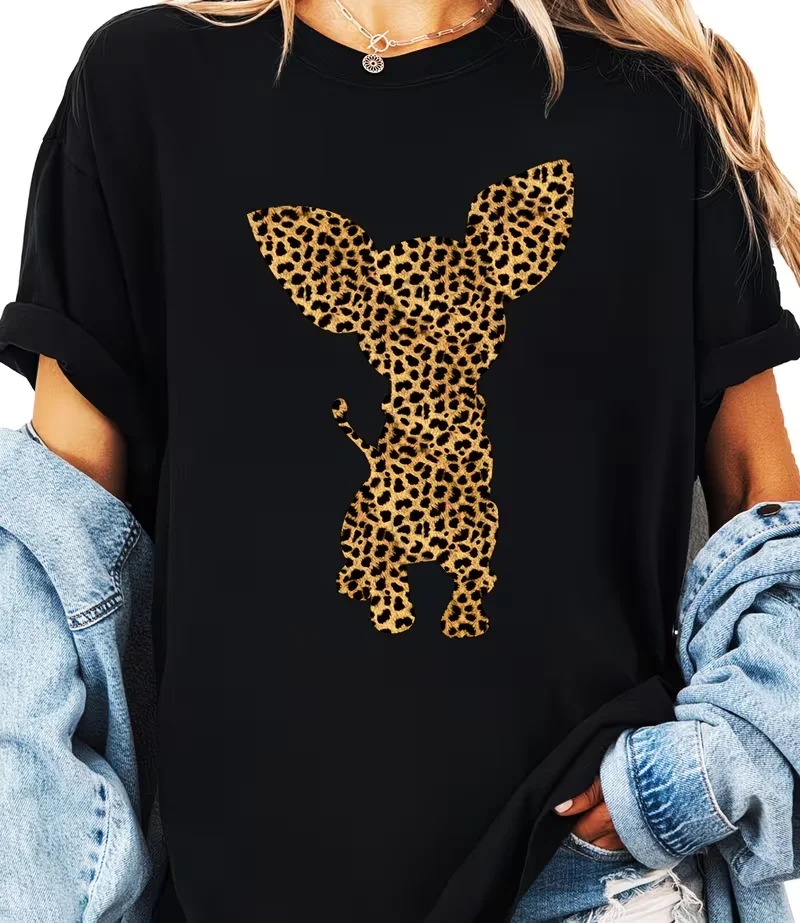 Chihuahua Leopard Print Dog Outline, Printed T-Shirt Short-Sleeve Round Neck Casual Top, for Summer And Spring, Women'S Clothing