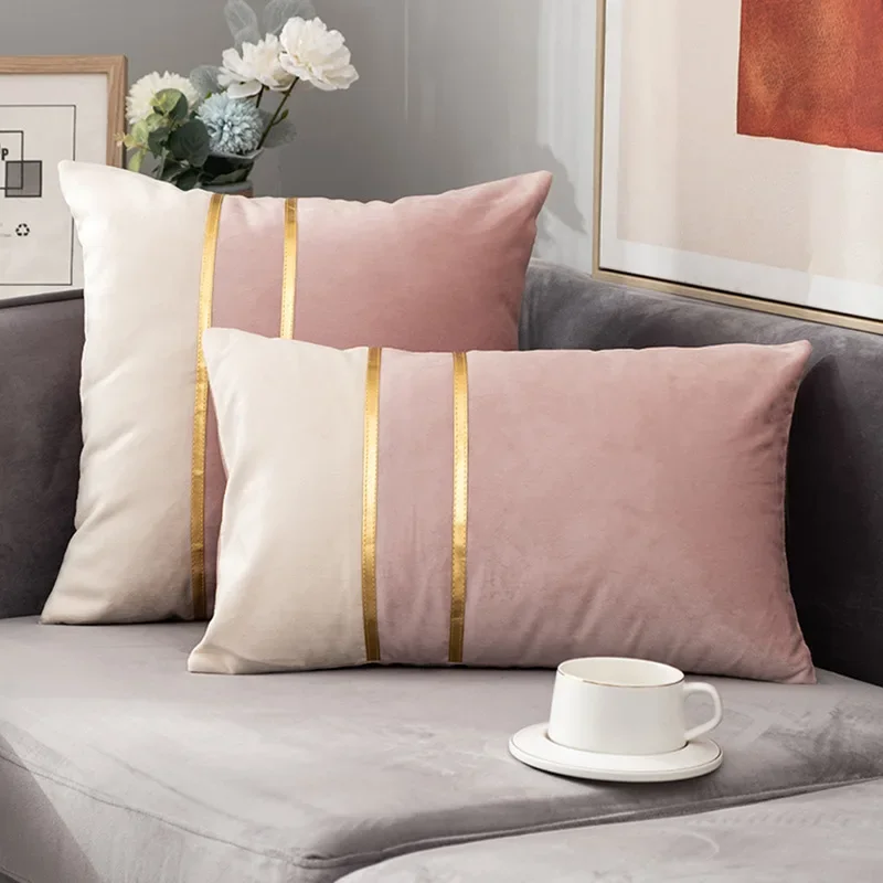 Comfortable Velvet Sofa Cushion 45x45cm Fashion Contrast Color Gold Bar Stitching Pillowcase Decorative Pillows for  BedHome