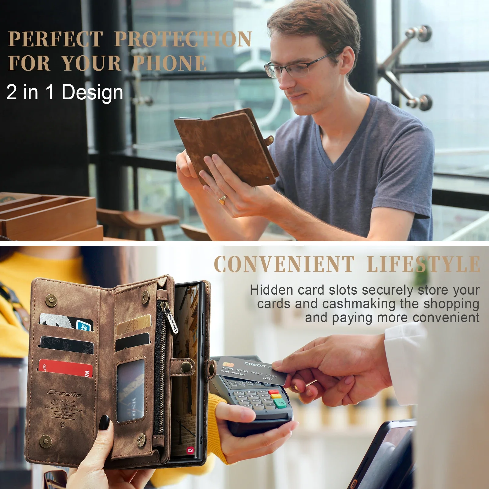 2 in 1 Cards Bag Zipper Wallet PU Leather Case for Samsung S25 edge S24+ S23 S22 FE S21 Plus A34 A54 A52 A53 Note20 Purse Cover