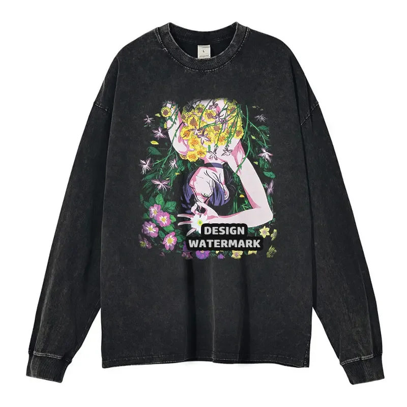 

Oversized Vintage Washed Anime Reze Long Sleeve T shirts Chainsaw Man Sweater Manga Sweatshirts Denji Makima Power Pullover