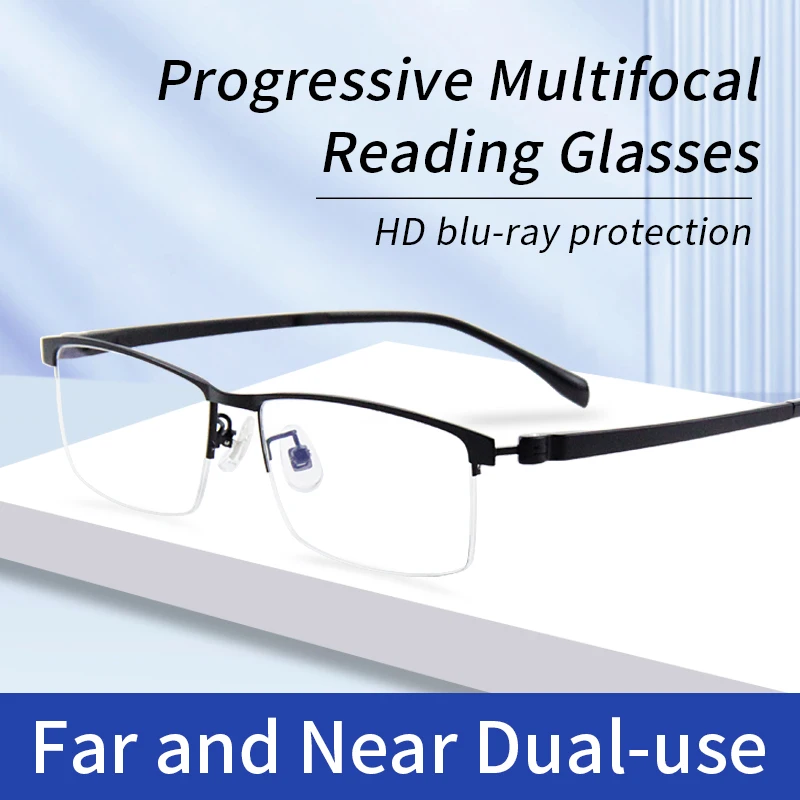 Progressive Multifocus Reading Glasses Men, Blue Light Blocking Presbyopia Eyeglasses,Lightweight half Frame,Hard & Multi-coated