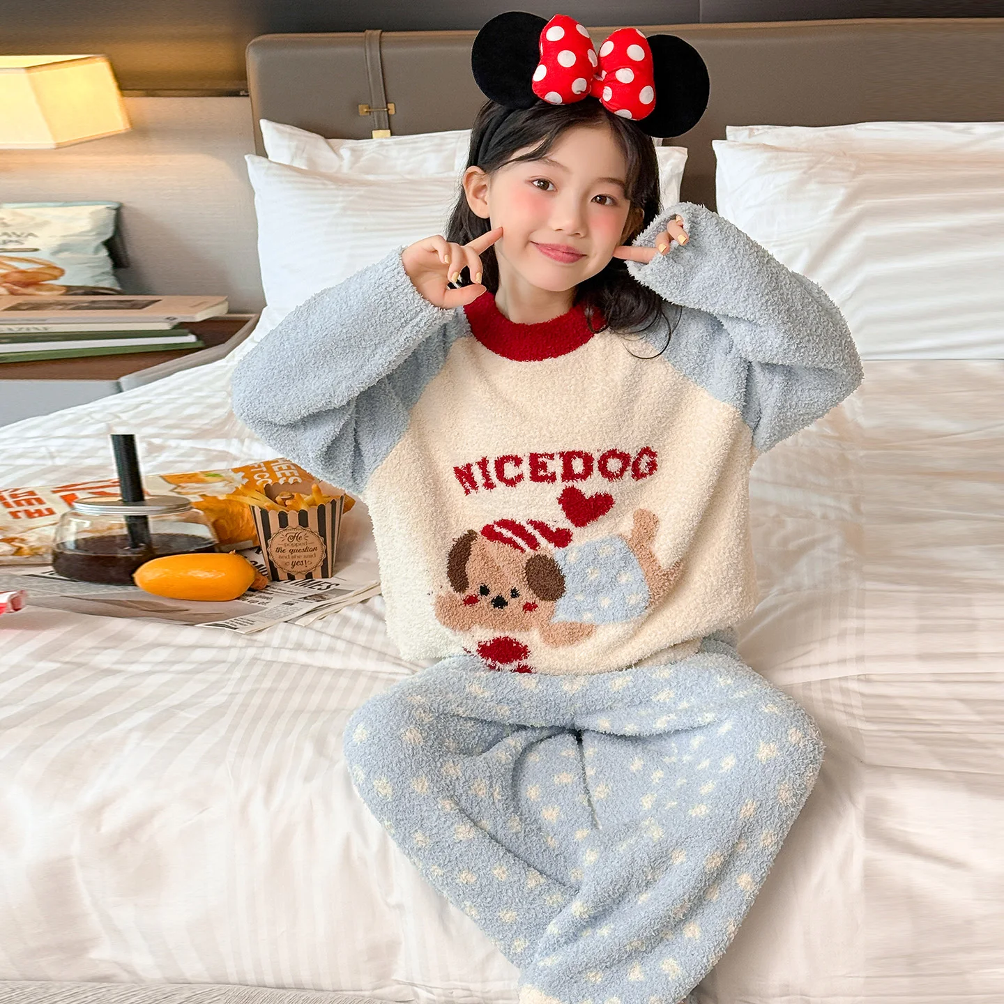 2025 جديد الخريف الشتاء سميكة نصف الصوف الكرتون Homewear مجموعات الكورية نمط في الهواء الطلق يمكن ارتداؤها لينة مريحة طويلة الأكمام