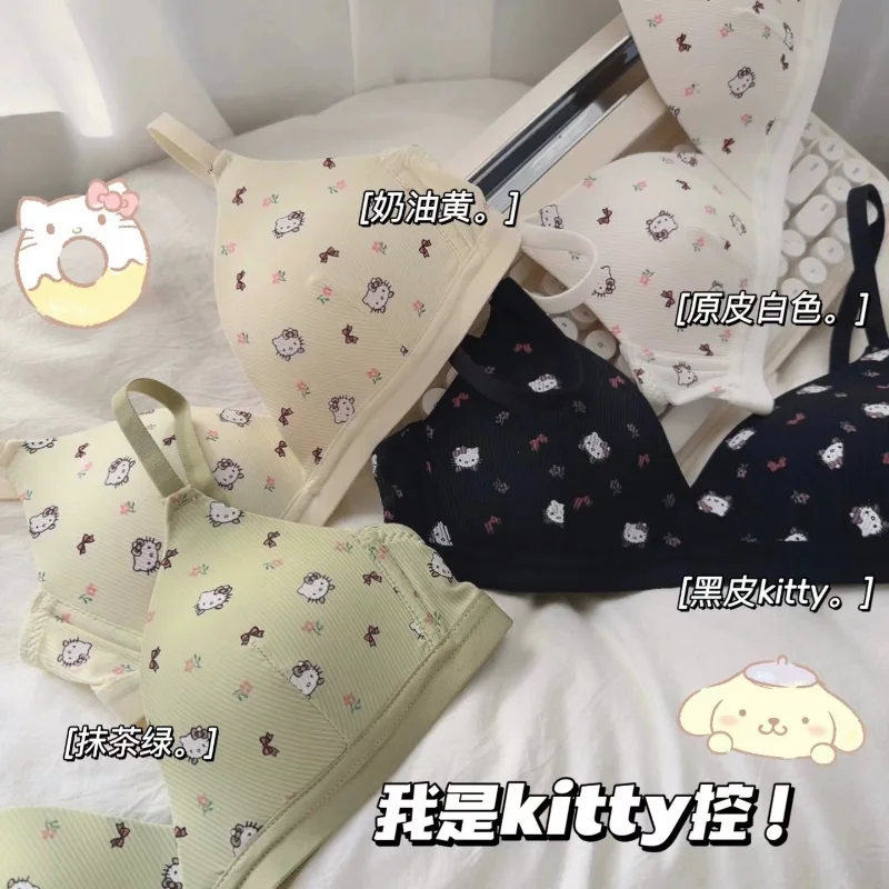 

Sanrio Hello Kitty Fresh Traceless Triangle Cup Underwear Girl Cute Gathers Small Breasts Show Big Breathable Steel Rim Bra Girl