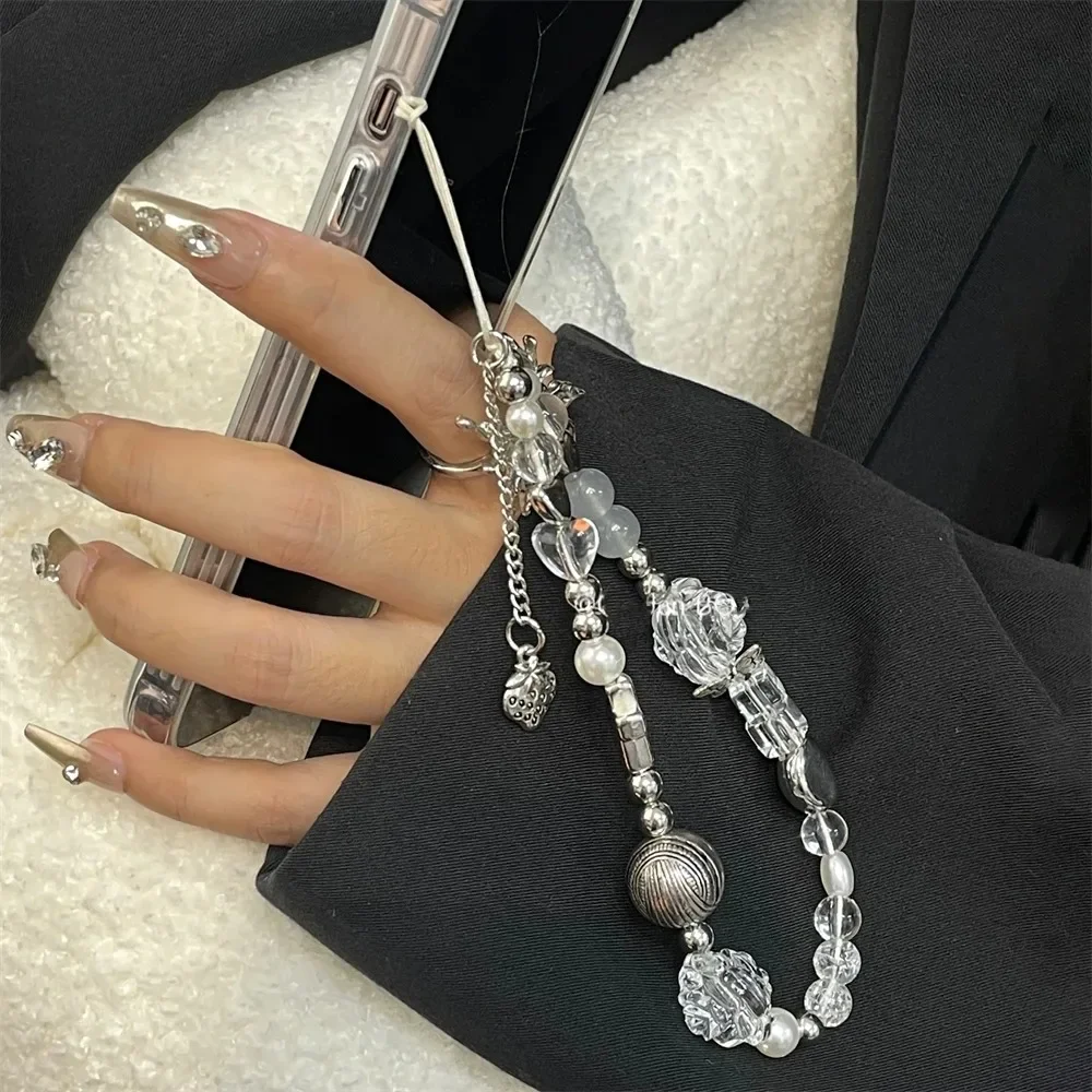 Korean Cute Flower Heart Bow Beaded Phone Chain Charm Lanyard For iPhone Xiaomi Samsung Universal Accessories Jewelry Pendant
