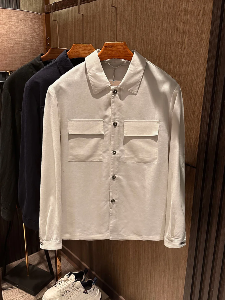 Men's High Quality Spring Summer Shirt Style Thin Jacket Coat Multiple Pockets Breathable Casual Fashion Standard Fit Lenzing