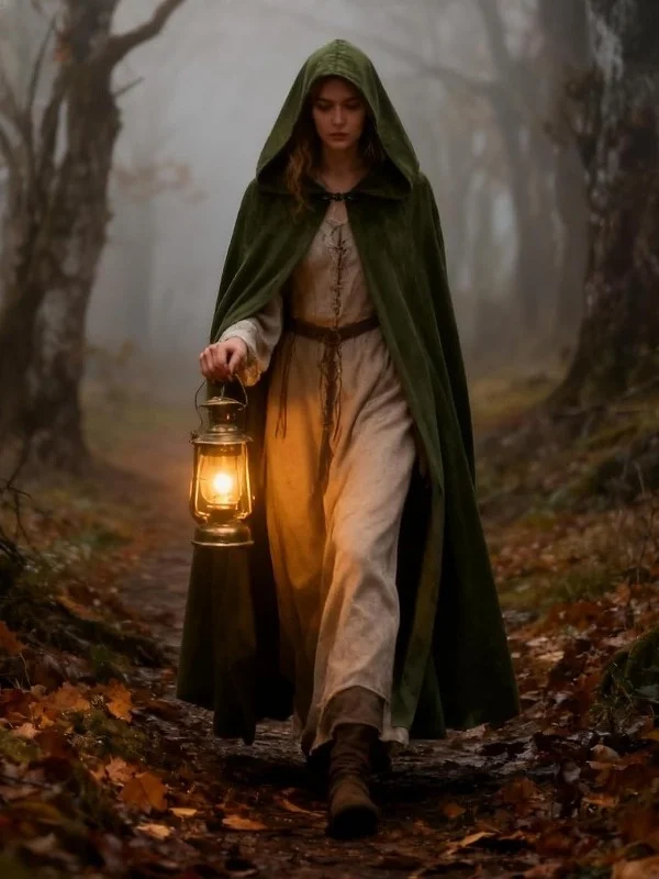 

Medieval Retro Velvet Thickened Hooded Cloak Halloween Role-playing Skirt Big Hemline Cloak Women's Ethnic Costume