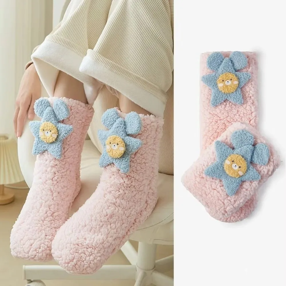 1Pairs Cute Warm Tube Socks Thickened Soft Texture Mid-Calf Socks Cartoon Pattern Floor Stockings Women Girls