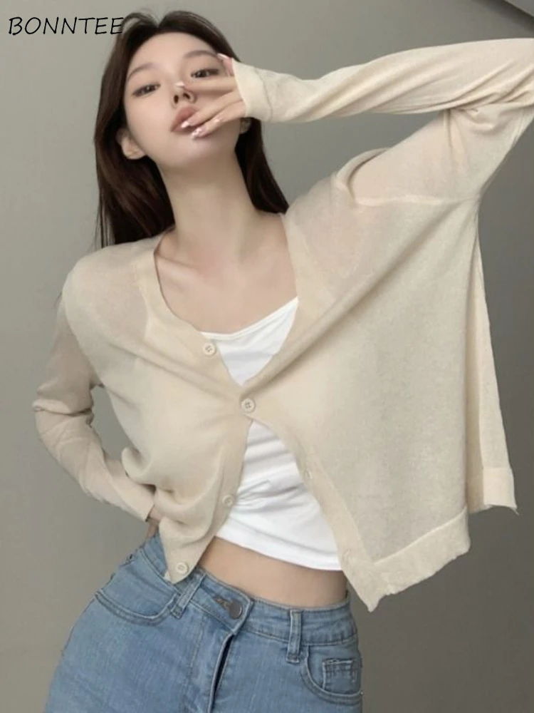 

Cardigan Women Sheer Solid 4 Colors Designed Ins Simple All-match Sunscreen Daily Creativity Basics Korean Style Leisure Sweet