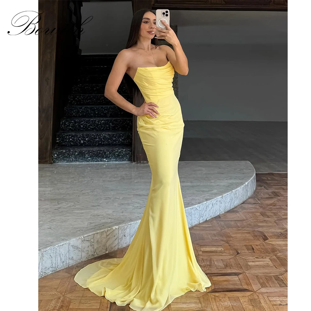 

Bowith Mermaid Yellow Prom Dresses 2025 Strapless Floor-Length Slim Fit Party Dresses Customized Elegant Evening Dresses