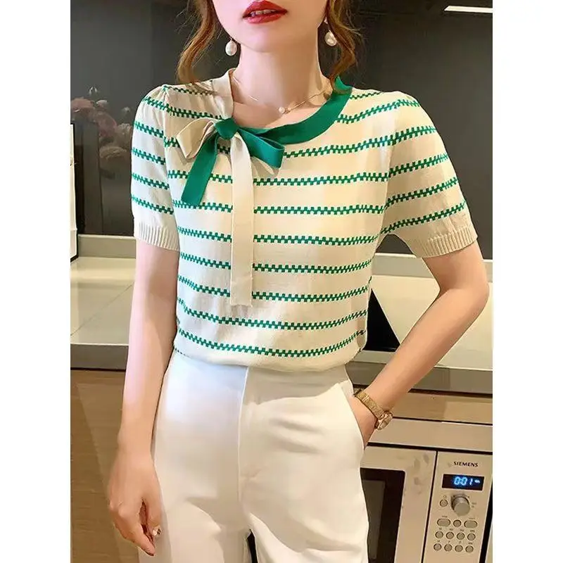 Summer Round Neck Fashion Short Sleeve T-shirt Women High Street Bow Patchwork Striped Knitting Pullovers Elegant All-match Tops