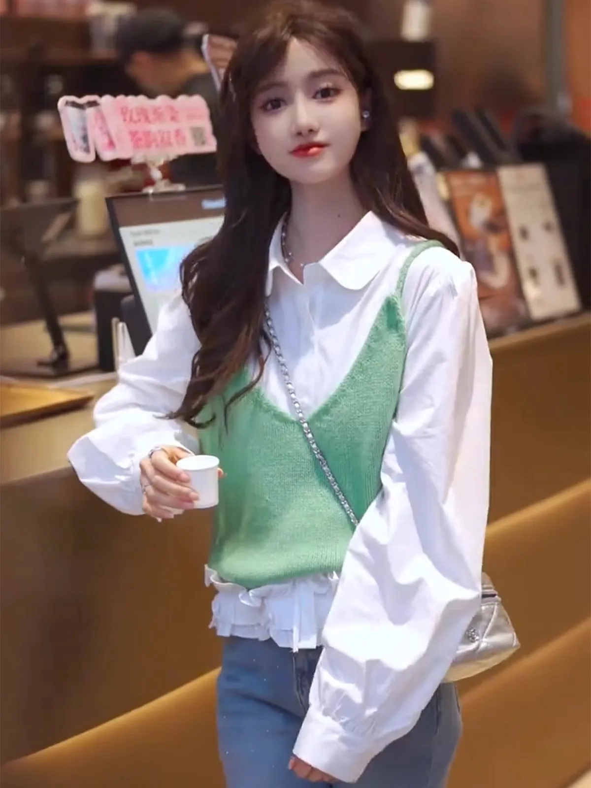 

Spring 2025 Korean Sle Fre Casual Knitted Vest irt Layering Anti-Aging Women's Faion Set Long Sve Collar