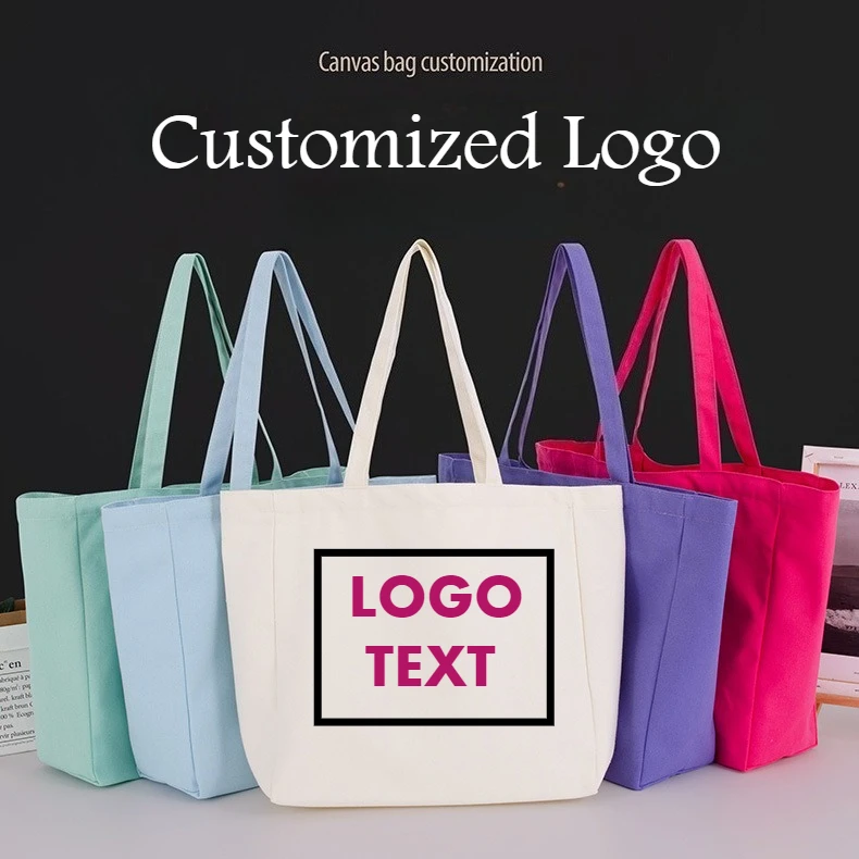 Custom Logo Print Blank Canvas Tote Bags Reusable Shopping Bags Eco-friendly High-end Shoulder Bags