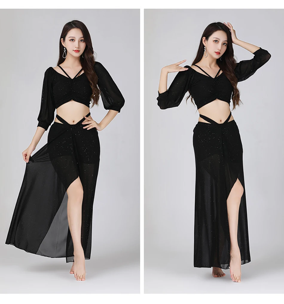 Roupas de prática de dança do ventre 2 peças conjunto superior + saia ternos de prática plus size malha sexy ternos de desempenho para adultos trajes femininos