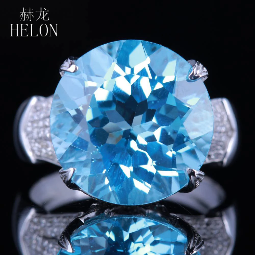 

HELON Solid 14K White Gold Ring Flawless Round 14mm Genuine Sky Blue Topaz Diamonds Engagement Ring Women Flower Unique Jewelry