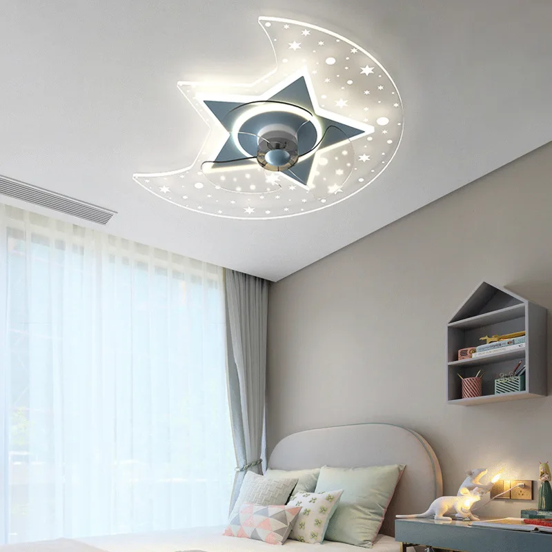 Modern Minimalist Blue Pink Iron Star Moon LED Warm White Fan Lamp Children's Room Decor Light Bedroom Acrylic Ceiling Fixture