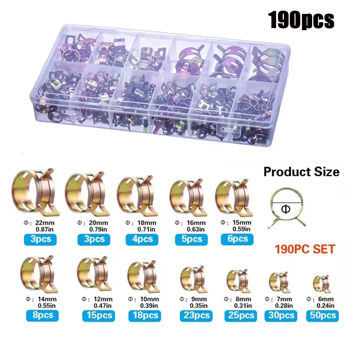 75/190 pièces 6mm-22mm pour choisir pince à ressort de carburant vide silicone collier de serrage pour tuyau Autos pince à ressort pince de Tube d'eau d'huile de carburant