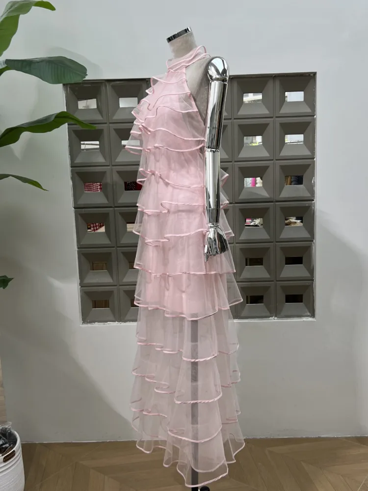 DFDG Vestido feminino elegante halter sem costas em camadas, vestido fluido de praia para convidados de casamento, resort de férias com babados, primavera verão 2025