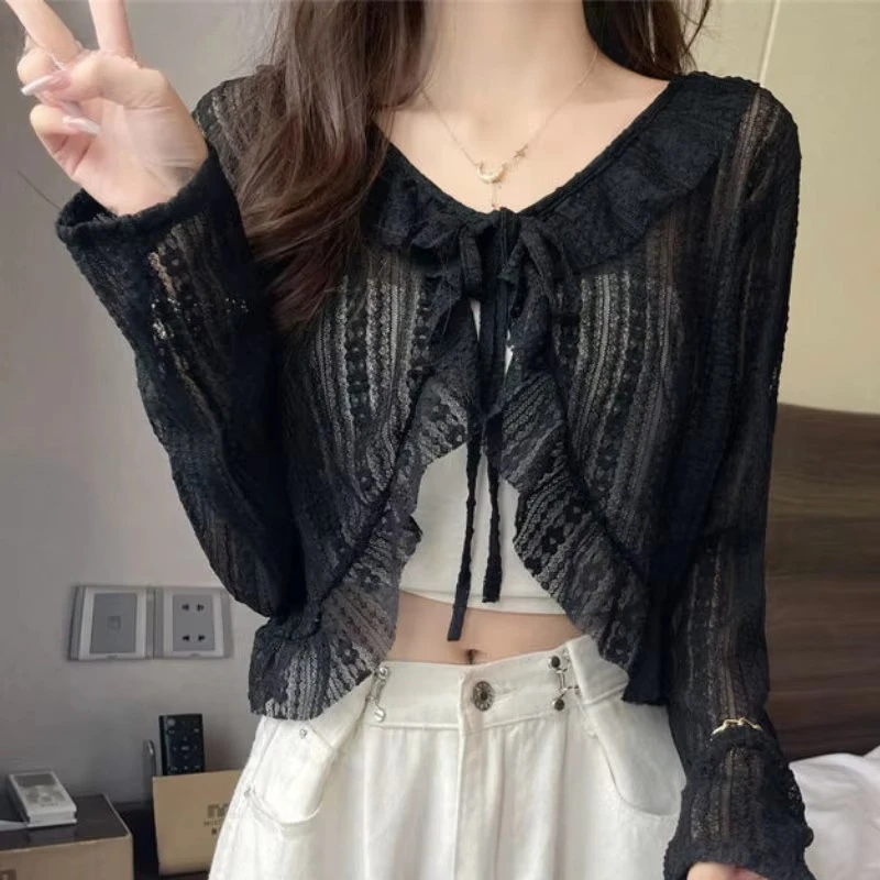 

Blouses Women Sun-proof Elegant Vintage Bandage Design Aesthetic Prevalent Summer Korean Style Long-sleeve Thin Breathable Ins