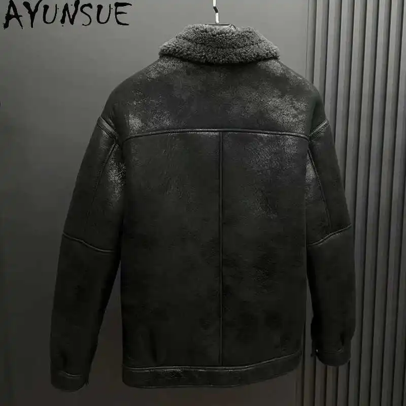 AYUNSUE Mantel Bulu Wol Alami Pria Musim Dingin Berkualitas Tinggi Jaket Kulit Asli Domba Asli Pria Mantel Bulu Hangat Vintage Penjualan Panas