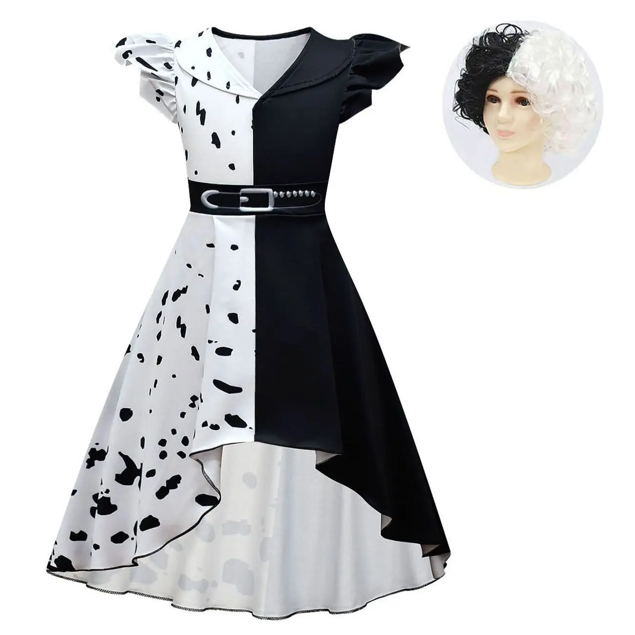 Girls Cruella Deville Costume Kids Movie 101 Black Dalmatian Dress with Bag Wig Suits Baby Girl Halloween Cosplay Party Dress Up