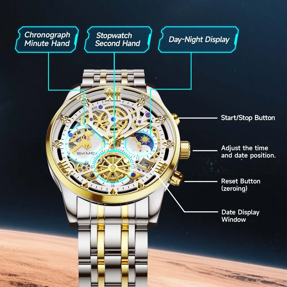 SKMEI Men's Quartz Watch Non-Mechanical Skeleton Business Steel Strap Watch WaterResistant Fashionable Quartz Wristwatch for Men
