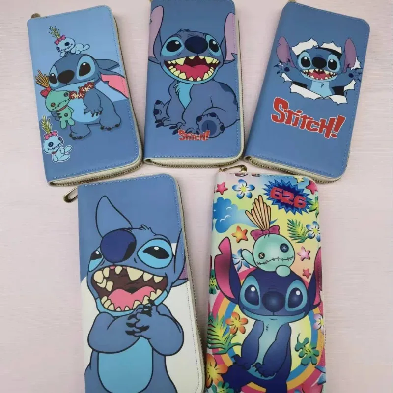 Disney Stitch-cartera larga de dibujos animados para estudiantes, monedero con estampado de cremallera, paquete de tarjetas bancarias, lindo