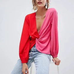 Red And Pink Color Kink Shirt Sexy Deep V Loose Female Lantern Sleeve Red Rose Red Spring And Summer Long Sleeve Top