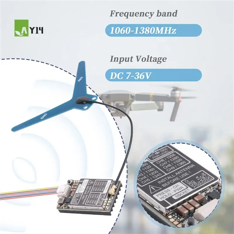 

AY14 -1.2Ghz 1.3Ghz 1600Mw 1.6W VTX Audio Video FPV Transmitter Module 7-36V For RC FPV Long Range Airplane Drone